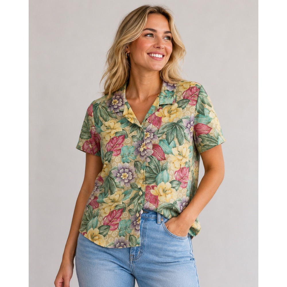 Cape Cod Sportswear Womens Floral Short Sleeve Button Up Tropical Shirt Pastel